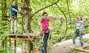 Familie klettert an Seilen von Baum zu Baum